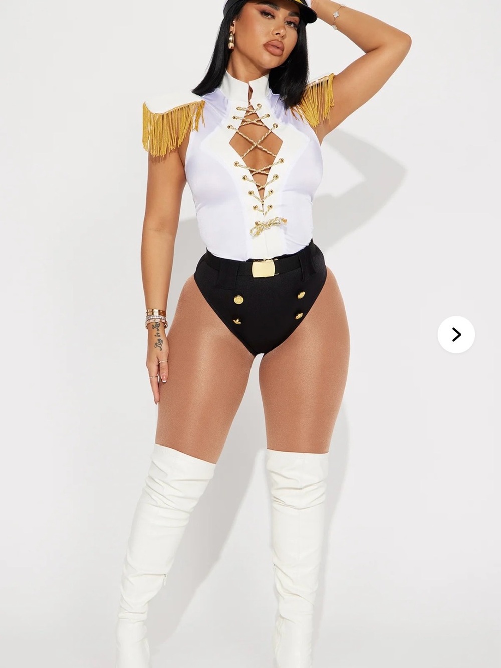 Fashion Nova White & Black Lace-Up Sailor Bodysuit with Gold Fringe